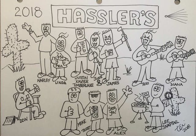 2018 cartoon drawing of Hassler's hosts and guests