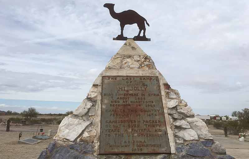 The Hi Jolly Monument, a stone pyramid topped with a camel